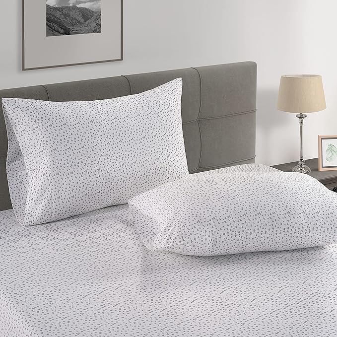 LANE LINEN 100% Organic Cotton Twin Fitted Sheet & Pillowcase Set, Percale Weave, Lightweight, Breathable, Fits Mattress Up To 15" Deep - White (Grey Dot) (No Flat Sheet)