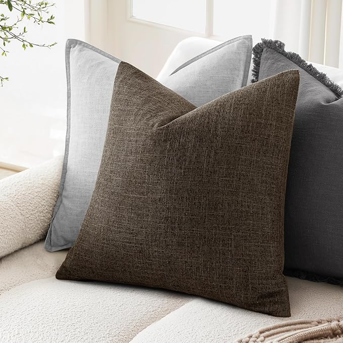 MIULEE Pack of 2 Decorative Linen Burlap Pillow Covers Farmhouse Boho Accent Euro Pillowcases Home Decor for Couch Sofa Bedroom Living Room 24x24 Inch Dark Brown
