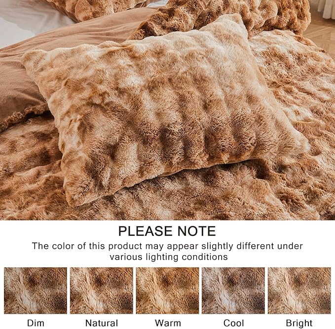 EMME Faux Fur Duvet Cover Queen Size, 3 Pieces Ultra Soft Fluffy Comforter Cover, Cozy Warm for Winter, Luxury Shaggy Bubble Design Bedding, 1 Duvet Cover & 2 Pillow Shams (Queen, Tie Dye Taupe)