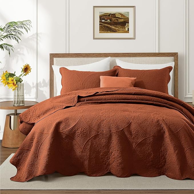 IR Imperial Rooms Twin Quilt Bedding Set Size (68” x 86”) + 1 Pillow Shams (20” x 26” + 2”) - 2 Pcs All Season Lightweight Reversible Microfiber Coverlet Floral Embossed Quilt Bedspread (Rust)