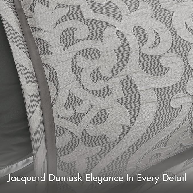 Madison Park Odette Cozy Comforter Set Jacquard Damask Medallion Design - Modern All Season, Down Alternative Bedding, Shams, Decorative Pillows, King(104 in x 92 in), Silver 8 Piece