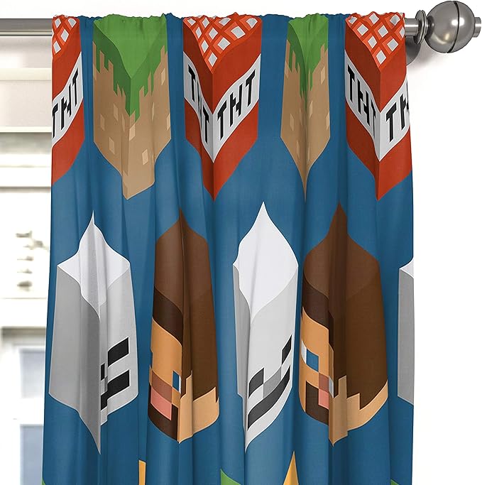 Jay Franco Minecraft Isometric Blue 84" Inch Drapes 4 Piece Set - Beautiful Room Décor & Easy Set Up, Bedding Features Creeper - Window Curtains Include 2 Panels & 2 Tiebacks