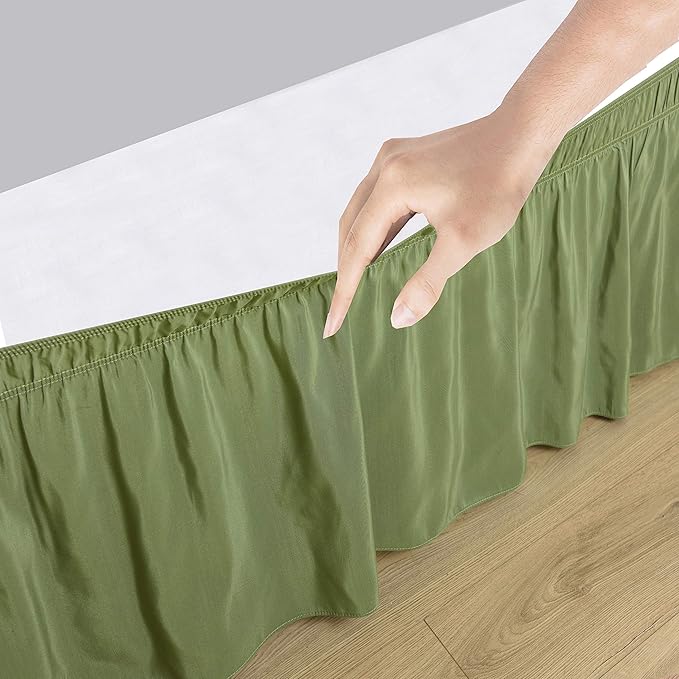 Bed Skirt Three Sides Fabric Adjustable Elastic Wrap Around Dust Ruffled Bed Skirts Twin, Sage, 16 Inch Tailored Drop