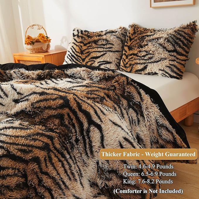 XeGe Tiger Print Fluffy Faux Fur Duvet Cover Set, 3 Pieces Soft Plush Shaggy Fuzzy Bedding Set(1 Faux Fur Animal Comforter Cover + 2 Furry Pillowcases), Zipper Closure(King, Tiger Print Brown)