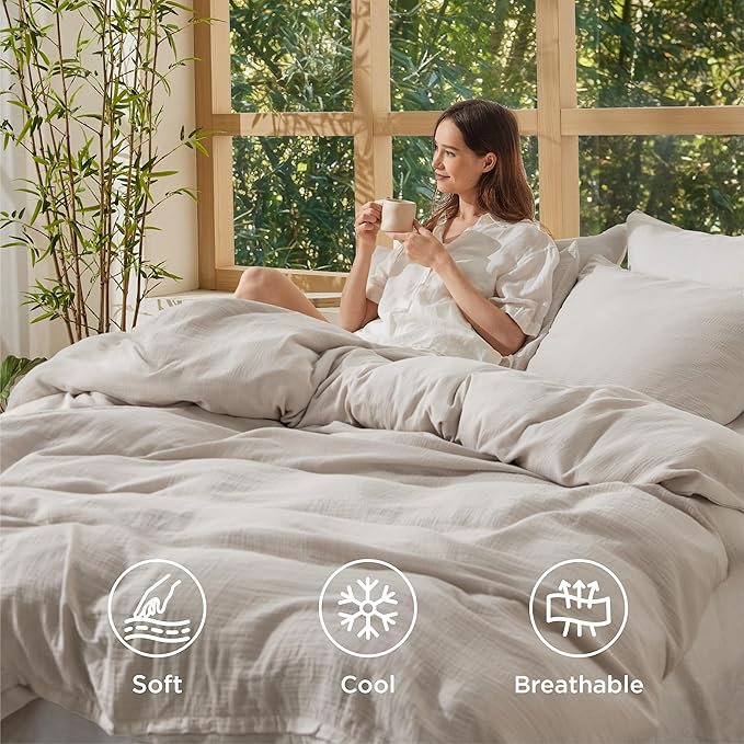Bedsure Muslin Duvet Cover Queen Size - Cotton Blend Rayon Derived from Bamboo, Cooling Duvet Covet for Hot Sleepers - Ultra-Soft & Breathable Bedding Set for All Seasons(Linen, 90"x90")