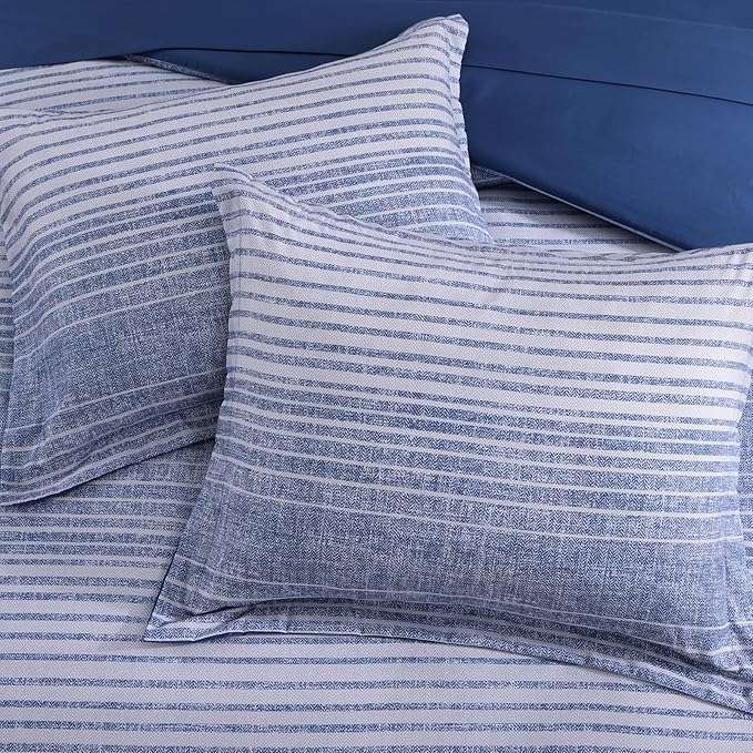 Queen Comforter Set Striped, Ocean Blue Coastal Bedding Set 7 Pieces for Boys Girls Teen, All Season Bed in a Bag with Sheets, Pillowcases & Shams
