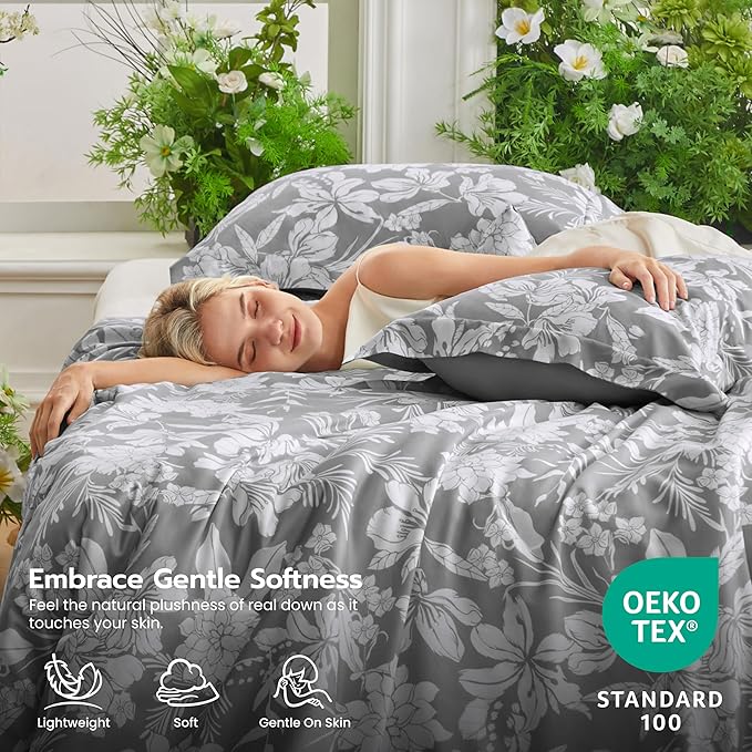 Joiedomi Queen Comforter Set Grey, 3 Pieces Floral Queen Bedding Set with 1 Soft Reversible Botanical Flower Comforter and 2 Pillow Shams, Bed in a Bag for All Seasons