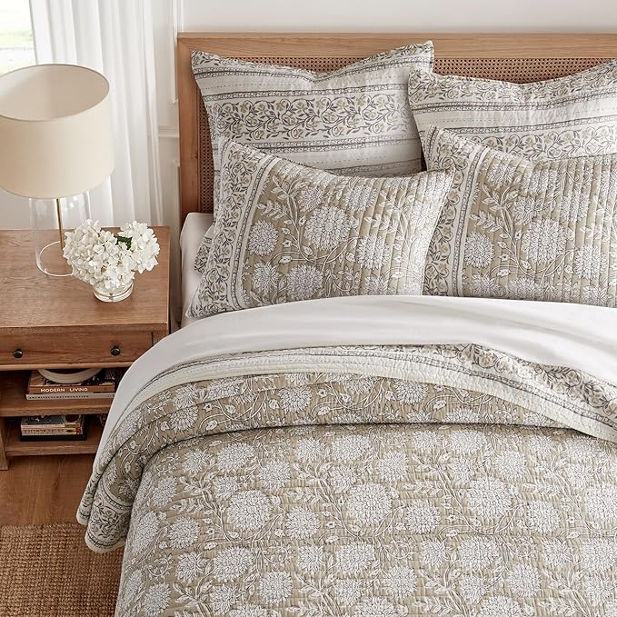 Levtex Home – Adare Taupe Bedspread Set – Queen Bedspread (110x106in.) and 2 Standard Shams (20x26in.) – Floral Botanical Design – Taupe and White – Reversible – Cotton