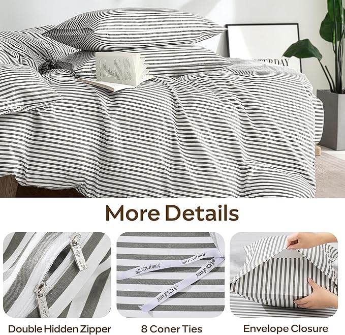 JELLYMONI 100% Natural Cotton 3pcs Striped Duvet Cover Sets with Zipper Closure & Corner Ties, White Comforter Cover with Grey Stripes Pattern Printed (Full Size)