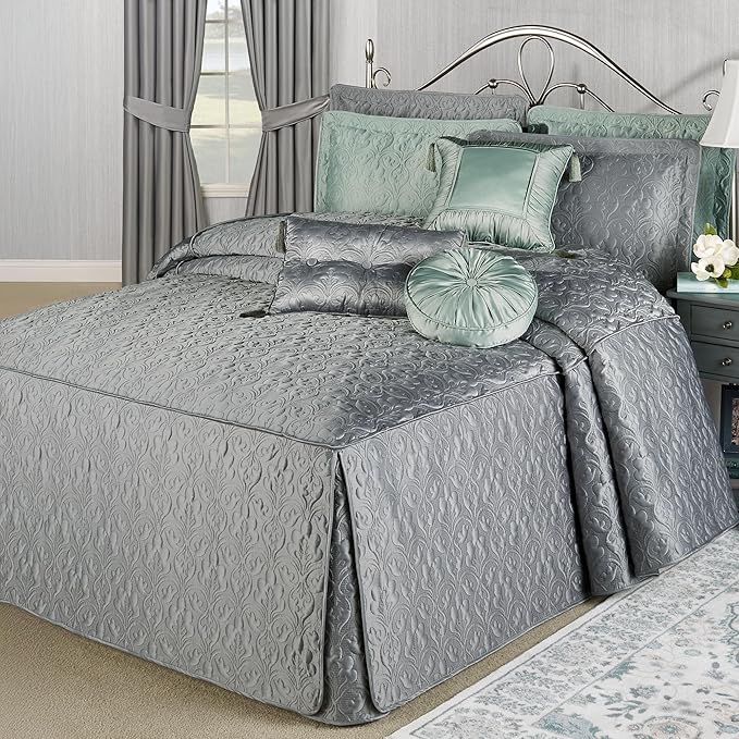 Cambridge Classic Luxury Bedding | Neutral Warm Gray Solid Color Polyester Satin | Elaborate Damask Quilting | 6 Pc Bed Set Includes Oversized Full Bedspread, 2 Standard Shams, & 3 Decorative Pillows