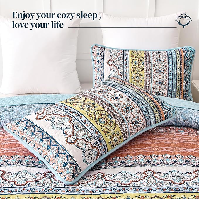 WONGS BEDDING Boho King Quilt Set, Pink and Blue Bohemian Quilt Bedding Set, Lightweight Bed Decor Bedspread for All Season Reversible Microfiber Coverlet Bedding Set 103"x90"(3 Pieces)