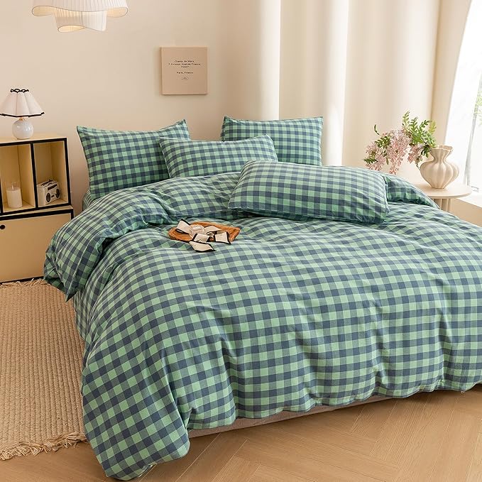 ECOCOTT Grid Plaid Duvet Cover King Size -100% Washed Cotton Linen Like Textured Breathable Durable Soft Comfy Bedding Set Mini Green Blue Plaid