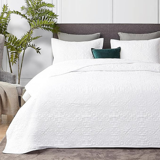 Hansleep White Quilt Twin Size - Baroque Ultrasonic All Season Bedspread Twin, Soft Lightweight Coverlet Bedding Set, 2 Pieces (1 Quilt, 1 Pillow Sham)