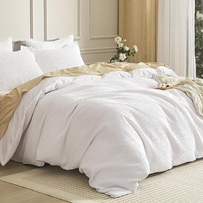 SE SOFTEXLY Waffle Duvet Cover Queen, 100% Cotton Waffle Weave Bedding Duvet Cover Set, Soft and Breathable Comforter Cover for All Season, 3 Pieces Including Pillow Shams（White, 90”x90”）