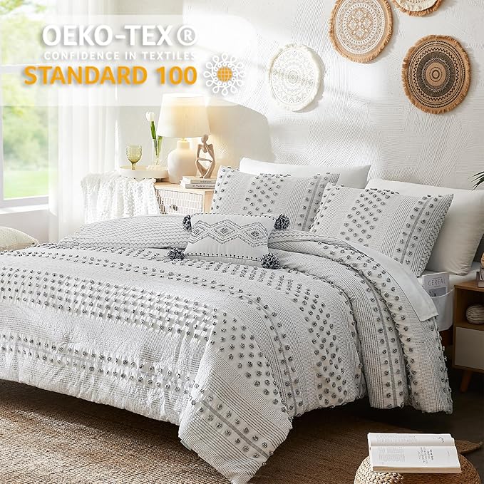 Geniospin Full Comforter Set 7 Pieces, Bed in A Bag with Comforter, Sheets, Pillowcases & Shams, Pom Tufted Design, All Season Down Alternative Bedding Sets