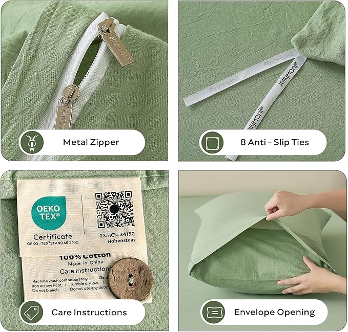 JELLYMONI Duvet Cover Twin Size - Washed Cotton Comforter Cover with Linen-Like Texture, Breathable & Soft Bedding for Modern Home,Guest Room and Everyday Use,Mint Green 1 Duvet Cover & 1 Pillowcase
