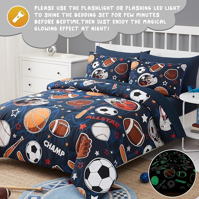 Full Kids Comforter Set - 7 Pieces Full Bedding Sets for Boys Teen, Glow in The Dark Sports Ball Games Bed in A Bag with Sheets