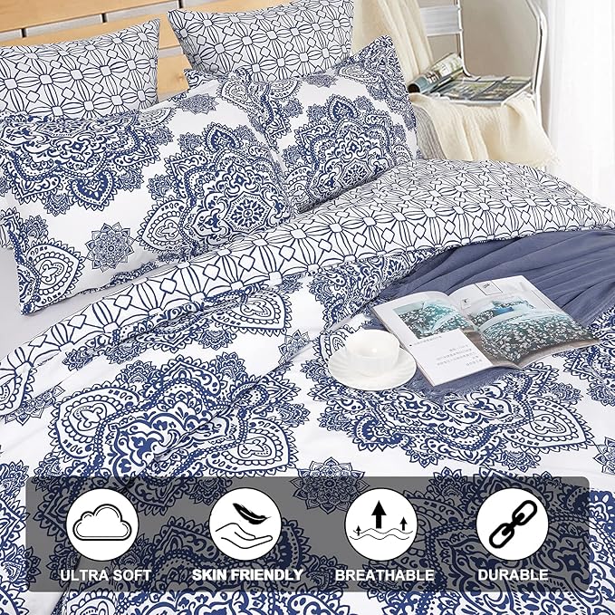 PHF Ultra Soft Paisley Duvet Cover Queen Size, Printed Bedding Set 3 Pieces, Comfy Farmhouse Pattern Duvet Cover Set with 2 Pillow Shams, Zipper Closure and 8 Ties, 90"x90", Royal Blue & White