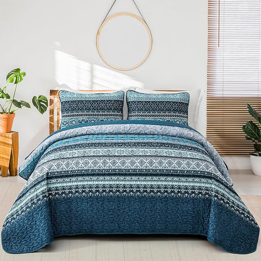 WONGS BEDDING Boho Quilt Set California King, Blue Bohemian Striped Pattern Quilt Coverlet, Lightweight Microfiber Bed Decor Bedspread with Pillow Shams for All Season 106"x96"(3 Pieces, Cal King)