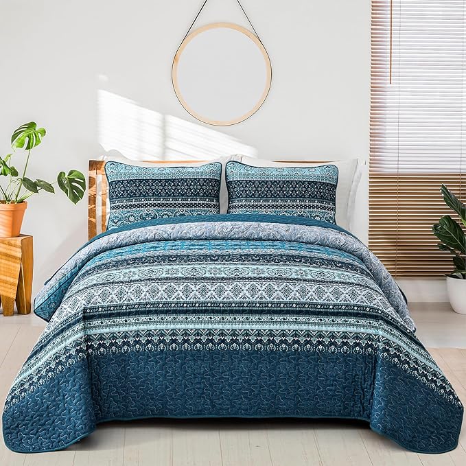 WONGS BEDDING Boho Quilt Set Twin Size, Blue Bohemian Twin Quilt Bedding Set, Lightweight Microfiber Bed Decor Bedspread with Pillow Sham for All Season 68"x86"(2 Pieces)