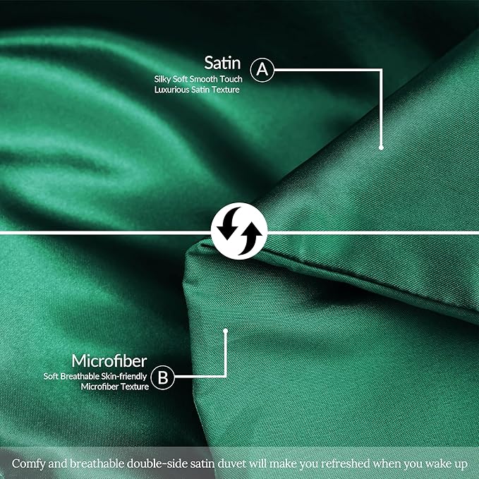 Whale Flotilla 3-Piece Reversible Silky Soft Queen Comforter Bedding Set, Luxurious Satin Comforters Full Size with 2 Satin Pillowcases, Lightweight Duvet for All Seasons, Deep Green