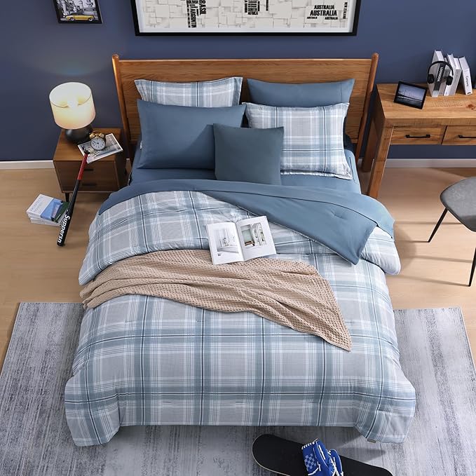 Full Size Comforter Sets, Light Blue Plaid Bedding Set 7 Piece for Boys Girls Teen, Classic Homestead-Style Kids Comforter Set Bed in A Bag with Sheets, Pillowcases & Shams