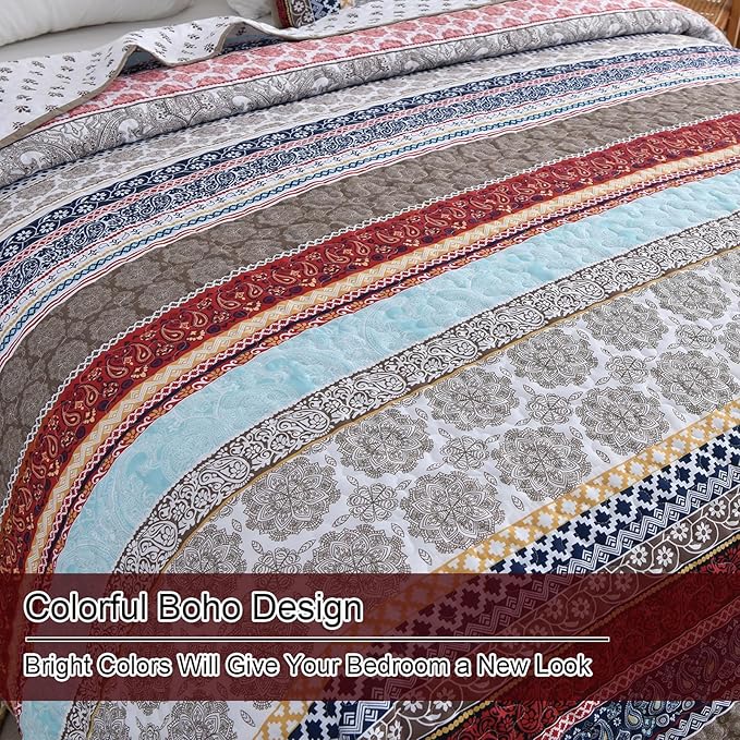 WONGS BEDDING Boho Quilt Set Queen Size, Brown Bohemian 3 Pieces Quilt Bedding Sets, Lightweight Microfiber Bedspread Coverlet Set for All Season (96"x90")