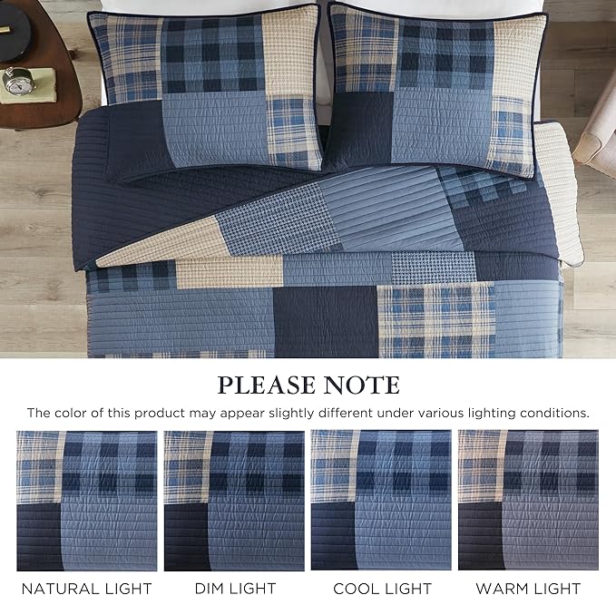 WOOLRICH Quilt Set Patchwork Channel Quilting, Cottage Coverlet for Twin Size Bed All Seasons, Lightweight Prewashed Cotton Coverlet Bedspread, Shams, Winter Hills,Oversized King/Cal King Blue 3 Piece