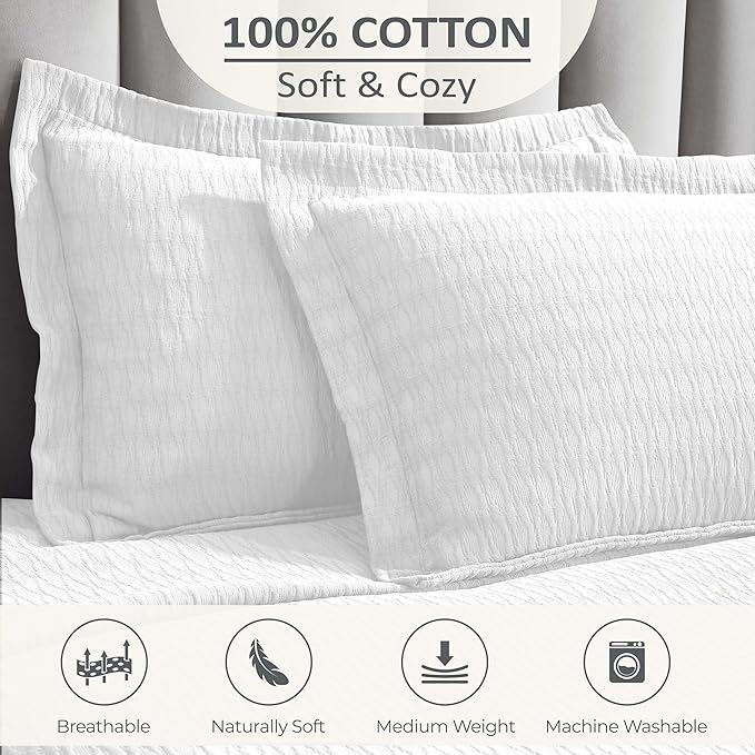 Superior 3 Piece Cotton Bedspread Set, Home Bed Decor, Decorative Bed Spread, 2 Pillow Shams, Medium Weight Blanket, Matelasse Coverlet, Bedding Essentials, Calvert Collection, King, White