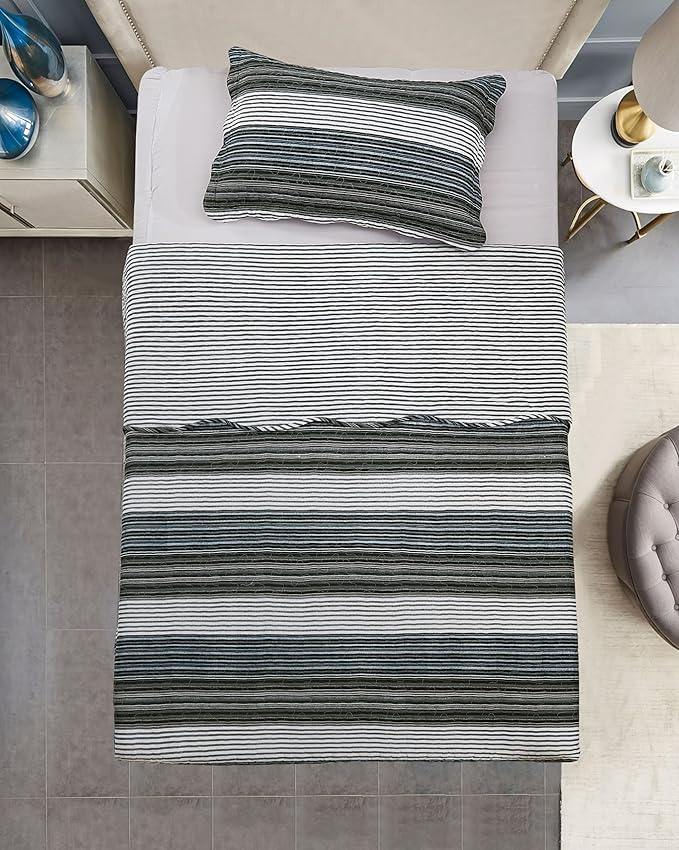 Brilliant Sunshine Multi Grey Stripes Patchwork, 2-Piece Quilt Set with 1 Sham, Reversible Bedspread, Soft Lightweight Coverlet, All-Season, Twin, Multi Grey