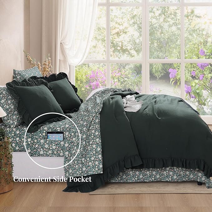 Queen Comforter Set - 7 Pieces Ruffle Forest Green Bedding Sets, Shabby Chic Farmhouse Bed in a Bag with Ruffle Comforter, Floral Sheets, Pillowcases & Shams