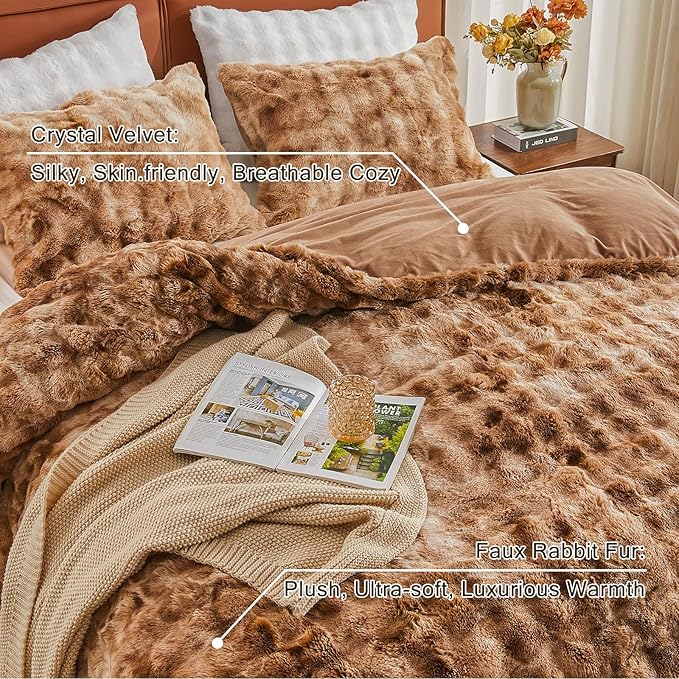 EMME Faux Fur Duvet Cover Queen Size, 3 Pieces Ultra Soft Fluffy Comforter Cover, Cozy Warm for Winter, Luxury Shaggy Bubble Design Bedding, 1 Duvet Cover & 2 Pillow Shams (Queen, Tie Dye Taupe)