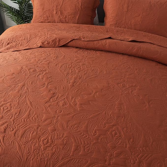 HoneiLife Queen Quilt Bedding Set - 3 Piece Microfiber Quilt Sets Lightweight Bedspreads Reversible Coverlets Retro Bed Cover Paisley Pattern Bedding Set All Season Quilts-Rust