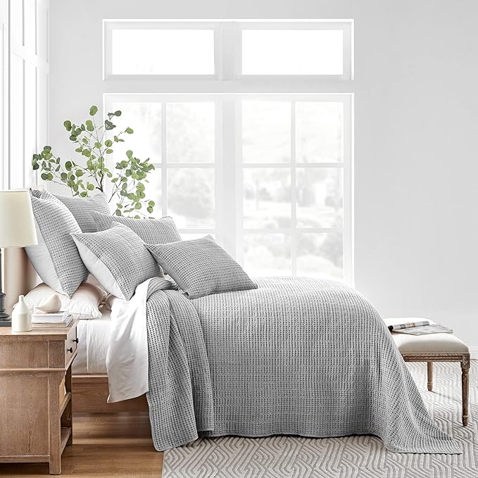 Levtex Home Mills Waffle Queen Bedspread Set (106x106in) with 2 Pillow Shams (26x20in) - Grey - Cotton Waffle Queen Size Bedspread Set - Lightweight, Soft, Pre-Washed