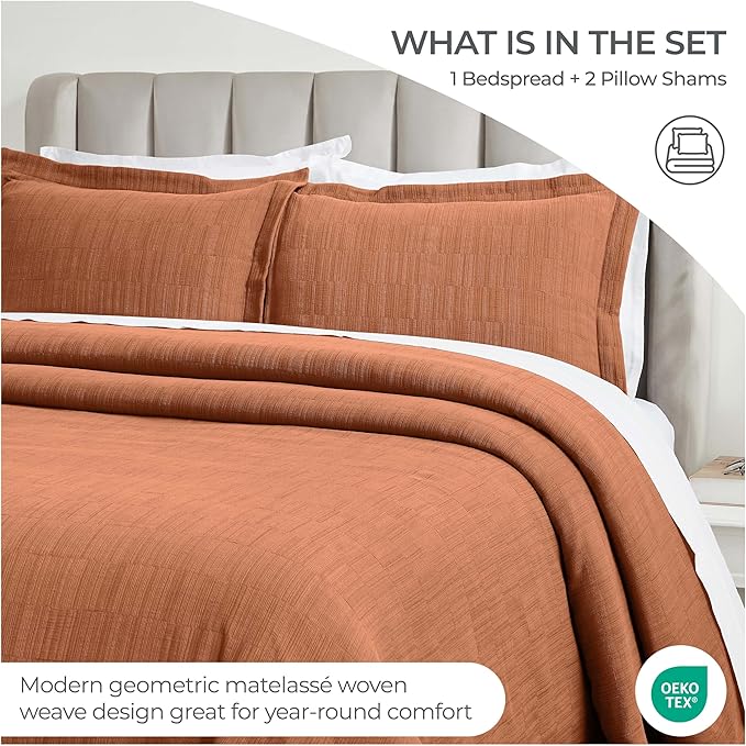 Superior 3 Piece Cotton Bedspread and Sham Set, Home Bed Decor, Decorative Bed Spread, 2 Pillow Shams, Medium Weight, Matelasse Coverlet, Bedding Essentials, Zenith Collection, Queen, Burnt Orange