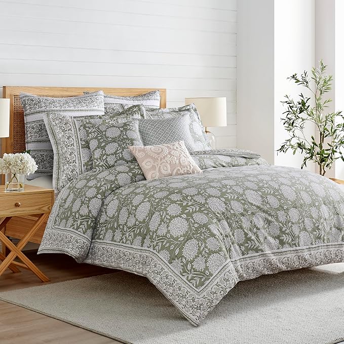 Levtex Home Adare Sage Reversible King Duvet Cover Set (106x94in) with 2 Pillow Shams (36x20in) - Floral Bedding - Sage and White - Cotton King Size Duvet Cover Set - Soft, Pre-Washed