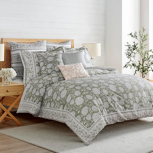 Levtex Home Adare Sage Reversible Full/Queen Comforter Set (90x94in) with 2 Pillow Shams (26x20in) - Floral Bedding - Sage and White - 100% Cotton Full/Queen Size Comforter Set - Soft, Pre-Washed
