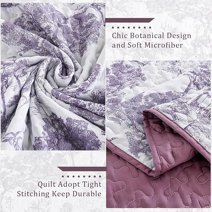 WONGS BEDDING Botanical Quilt Set King Size, Purple 3 Pieces Toile Floral Plants Printed Bedspread Bedding Set Soft Lightweight Microfiber Coverlet Set for All Season (104"x90")