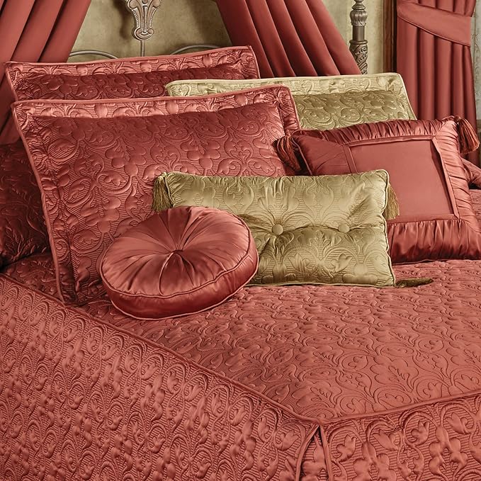 Cambridge Classic Luxury Bedding | Warm Cinnabar Solid Color Polyester Satin | Elaborate Damask Quilting | 6 Pc Bed Set Includes Oversized Full Bedspread, 2 Standard Shams, and 3 Decorative Pillows