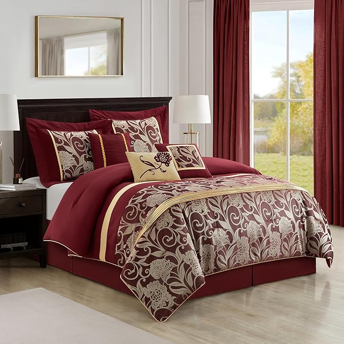 Grand Avenue Black and Red Comforter Set Queen Size, 7 Piece Jacquard Floral Bedding Set, All Season, Ultra-Soft, Matching Pillows & Shams, Bed Skirt