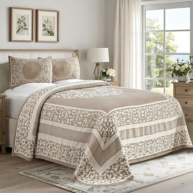 Superior Cotton Blend Bedspread Set, Includes Oversized Bedspread and 2 Matching Pillow Shams, Light Weight Blanket, Bedding Decor, Jacquard Vintage Floral Mandala, Lyron Collection - King, Taupe
