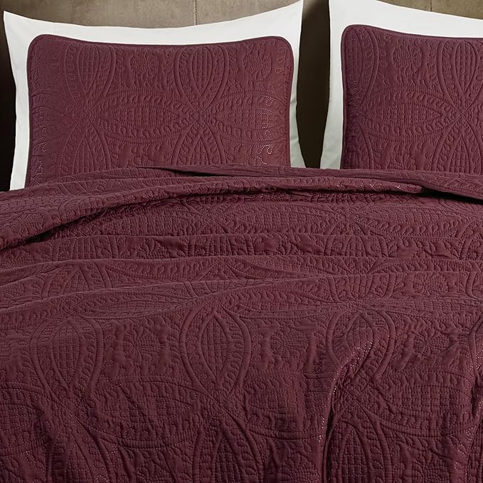 Chezmoi Collection Austin 3-Piece Oversized Bedspread Coverlet Set (King, Burgundy)