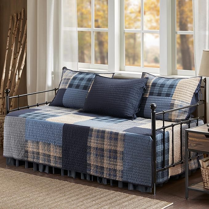 Woolrich Quilt Set Patchwork Channel Quilting, Cottage Coverlet for Twin Size Bed All Seasons, Lightweight Prewashed Cotton Coverlet Bedspread, Shams, Winter Hills, Oversized Daybed Blue 5 Piece