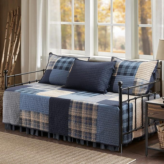 Woolrich Quilt Set Patchwork Channel Quilting, Cottage Coverlet for Twin Size Bed All Seasons, Lightweight Prewashed Cotton Coverlet Bedspread, Shams, Winter Hills, Oversized Daybed Blue 5 Piece