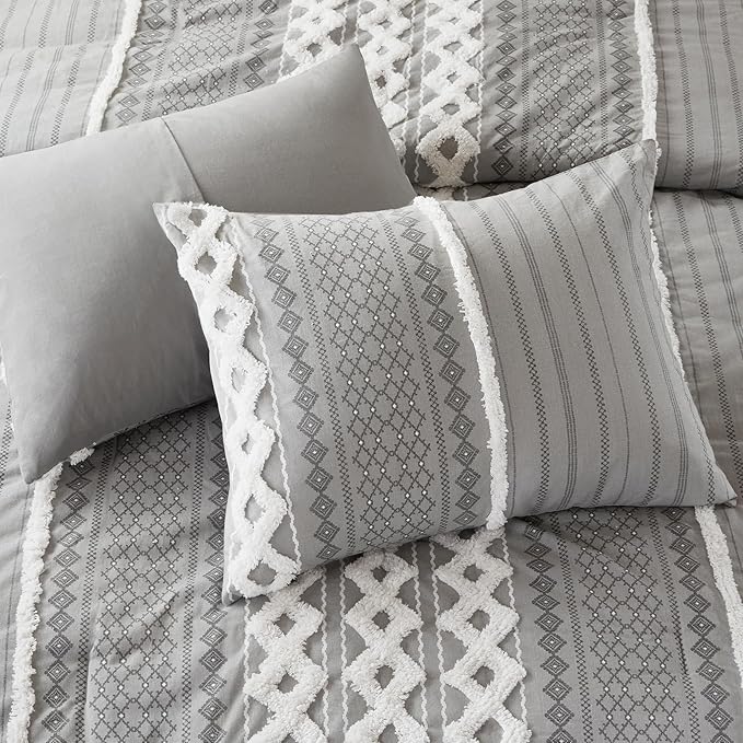 INK+IVY Imani 100% Cotton Duvet Mid Century Modern Design, All Season Comforter Cover Bedding Set, Matching Shams, King/Cal King, Gray Chenille Tufted Accent 3 Piece