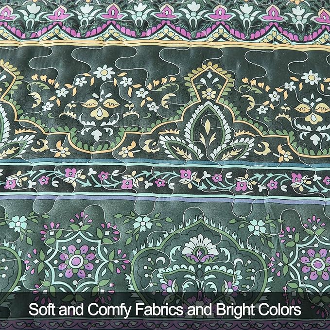 WONGS BEDDING Boho Quilt Full Size, Green Bohemian Full Quilt Set, Lightweight Microfiber Bed Decor Bedspread for All Season 78"x90"(3 Pieces)