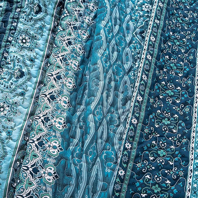 WONGS BEDDING Boho Quilt Set Twin Size, Blue Bohemian Twin Quilt Bedding Set, Lightweight Microfiber Bed Decor Bedspread with Pillow Sham for All Season 68"x86"(2 Pieces)