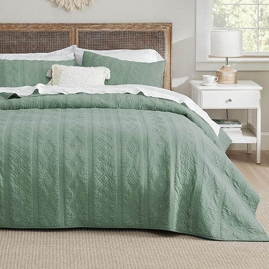 Bedsure 100% Cotton Quilt Set - Lightweight King Bedspread, Sage Green Cozy Bedding Coverlet 3-Piece with Pillow Shams in Geometric Pattern for All Season, 106x96 inches, 100% Cotton Voile