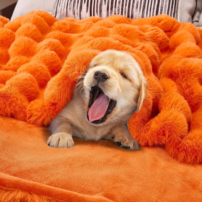 DREAMNINE Large Fuzzy Soft Fall Bubble Faux Rabbit Fur Blanket Queen Size 80" x 90", Luxury Big Autumn Plush Fluffy Blankets for Bed,Cute Lovely Cozy Thick Warm Furry Blanket for Winter,Pumpkin Orange