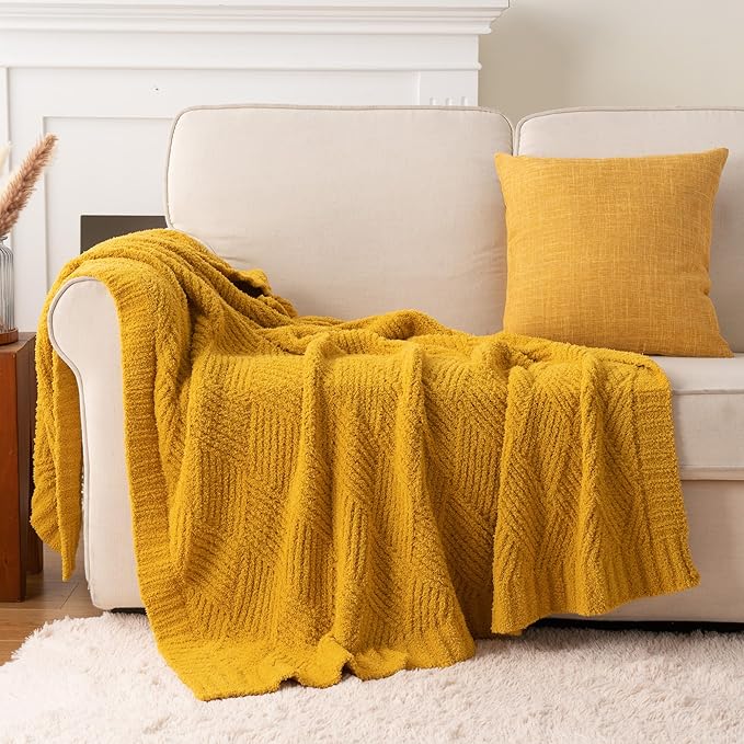 Battilo Yellow Diamond Knit Throw Blanket for Couch and Bed, Soft Textured Chenille Blanket, Cozy Lightweight Decorative Blanket for Sofa, 50"x60"